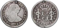 World Coins - Bolivia Spanish colony 1784 PTS PR 2 Reales - Charles III Silver (.903) Potosi Mint 6.43g F Holed KM 53