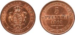 World Coins - Germany Kingdom of Saxony German states 1869 5 Pfennige - John Copper Dresden Mint (860000) 7.69g UNC Cleaned  AKS 151 Jaeg 10 SW 131 KM 1218 Kahnt/Schön 168
