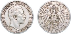 World Coins - Germany Kingdom of Prussia German states 1907 A 5 Mark - William II Silver (.900) (Ag 900, Cu 100) Berlin Mint (2103338) 27.7g XF KM 523 AKS 129 J 104 Dav GT III 789
