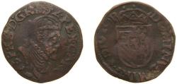 World Coins - Low countries feudal County of Artois Spanish Possession 1592 1 Liard - Philip II Copper Arras Mint 5.13g VF GH 232.9d Vanhoudt 323-AR