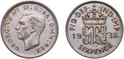 World Coins - Great Britain United Kingdom United Kingdom 1938 6 Pence - George VI (1st coinage) Silver (.500) Royal Mint (Tower Hill) (13402700) 2.77g XF  KM 852 Sp 4084 Schön 38