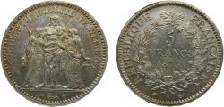 World Coins - France Third Republic 1875A 5 Francs "Hercules" Silver (.900) Paris Mint 25g UNC F334 Gad744 KM820