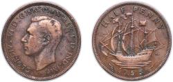 World Coins - Great Britain United Kingdom 1938 ½ Penny - George VI (with 'IND:IMP') Bronze (40320000) 5.67g XF KM 844 Sp 4115