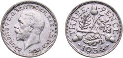 World Coins - Great Britain United Kingdom Kingdom 1934 3 Pence - George V (4th issue) Silver (.500) Royal Mint (7405900) 1.43g AU  KM 831 Sp 4042