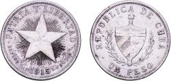 World Coins - Cuba First Republic 1915 1 Peso Silver (.900) (silver 90%, copper 10%) Philadelphia Mint (1976000) 26.55g VF Scratches  KM 15 Y 9