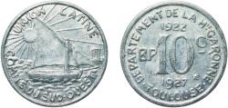 World Coins - France Toulouse, Commune of Third Republic 1922 10 Centimes (Departement De La H-Garonne; Toulouse) Aluminium Arsenal de Toulouse Mint (3000000) 1.12g AU  Élie mon 15.2