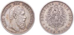World Coins - Germany Kingdom of Württemberg German states 1888 F 5 Mark - Charles I Silver (.900) Staatliche Münze Baden-Württemberg Mint (49258) 27.69g XF KM 623 J 173 Dav GT III 963