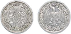 World Coins - Germany Germany - 1871-1948 Weimar Republic 1927 G 50 Reichspfennig Nickel Staatliche Münze Baden-Württemberg Mint (1756000) 3.51g XF KM 49 AKS 40 J 324 Schön DM 42