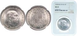 World Coins - Spain Nationalist Government 1949 * 19-50 5 Pesetas - Francisco Franco Nickel Madrid Mint (21000000) NGC MS 65  KM 778 Cal 45 Schön 30
