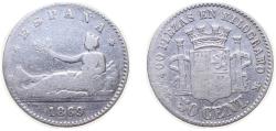 World Coins - Spain Provisional Government 1869 *?-9 SNM 50 Centimos Silver (.835) Madrid Mint (452726) 2.5g VF KM651