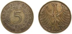 World Coins - Germany Federal Republic of Germany 1951 G 5 Deutsche Mark Silver (.625) (Copper .375) Karlsruhe Mint (13840000) 11.2g XF KM 112 J 387 Schön 110