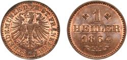 World Coins - Germany Free imperial city of Frankfurt German states 1864 1 Heller Original luster Copper (390000) 1.23g UNC  AKS 35 Jaeg 6 FHI 31 KM 356