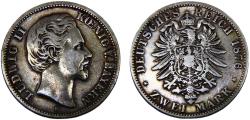World Coins - Germany Second Empire Kingdom of Bavaria Ludwig II 1876 D 2 Mark