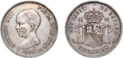 World Coins - Spain Kingdom 1888 MPM 5 Pesetas - Alfonso XIII (1st portrait) Silver (.900) Madrid Mint (10643900) 24.96g XF  KM 689