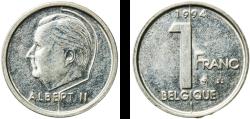 World Coins - Belgium 1994 1 Franc - Albert II (French text) Nickel plated iron (Ni 3%, Steel 94%, Ni 3%) Royal Mint of Belgium (75060000) 2.75g XF  KM 187 LA BFM-105 Schön 172