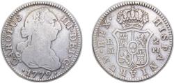 World Coins - Spain Kingdom 1779 M PJ 2 Reales - Carlos III Silver (.813) Madrid Mint 5.8g VF KM412.1
