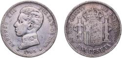 World Coins - Spain Kingdom 1905 *19-0? SMV 1 Peseta - Alfonso XIII (4th portrait) Silver (.835) Royal Mint of Spain (492000) 4.91g XF  KM 721