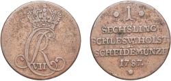 World Coins - Germany Danish duchies of Schleswig and Holstein German states 1787 1 Sechsling - Christian VII Copper Altona, Schleswig-Holstein Mint (6000000) 11.62g XF  Jaeg 6 NWD 3 Lange 147
