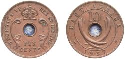 World Coins - East Africa British colony 1937 H 10 Cents - George VI Bronze Heaton and Sons / The Mint Birmingham Limited (2500000) 9.4g AU KM 26 Schön 29