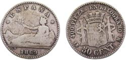 World Coins - Spain Provisional Government 1869 *6-9 SNM 50 Centimos 2.5g