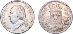 World Coins - France Kingdom 1823 W 5 Francs - Louis XVIII (bare bust) Silver (.900) Lille Mint (4165915) 24.73g VF Franc 2014 309 Gad 1789 614 KM 711