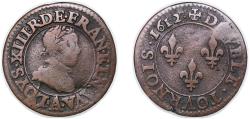 World Coins - France Kingdom 1612 A Double Tournois - Louis XIII (1st type) Copper Paris Mint 2.77g VF CGKL 386 Dy royales 1358 KM 43.1