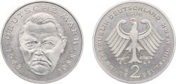 World Coins - Germany Federal Republic of Germany 1996 G 2 Deutsche Mark (Ludwig Erhard) Copper-nickel clad nickel Staatliche Münze Baden-Württemberg Mint 7g UNC KM 170 J 445 Schön 167