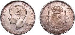 World Coins - Spain Kingdom 1896 *18-96 PGV 5 Pesetas - Alfonso XIII (3rd portrait) Silver (.900) Madrid Mint (4272000) 25g VF KM 707