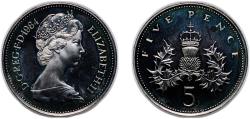 World Coins - Great Britain 1984 5 Pence - Elizabeth II (2nd portrait; set issue) Copper-nickel (75% Cu, 25% Ni) Royal Mint, Llantrisant 5.58g PF KM 929 Sp D2