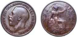 World Coins - Great Britain United Kingdom 1919 1 Penny - George V Bronze (113761000) 9.47g F KM 810 Sp 4051-3