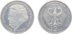 World Coins - Germany Federal Republic of Germany 2000 D 2 Deutsche Mark (Franz Josef Strauss) Copper-nickel clad nickel Munich Mint (70000) 7g UNC KM 175 J 450 Schön 174