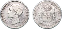 World Coins - Spain Kingdom 1876 *1?-76 DEM 1 Peseta - Alfonso XII (1st portrait) Silver (.835) Madrid Mint (4427000) 4.8g VF  KM 672 Cal 54