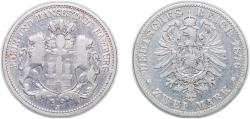 World Coins - Germany Free Hanseatic city of Hamburg German states 1876 J 2 Mark Silver (.900) (2325000) 11.111g VF KM 604 J 61