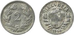 World Coins - Switzerland Federal State 1944 B 2 Rappen (Wreath; zinc) Zinc Bern Mint (8086000) 2.38g XF  HMZ 2 1213 Divo/Tob19 324 KM 4.2b Schön 16a Y 19a
