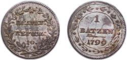 World Coins - Switzerland Helvetic Republic 1799 1 Batzen / 10 Rappen Billon 2.8g AU HMZ 2 1189 Divo/Tob19 10 Hofer 19-27 KM A8