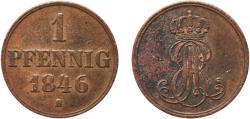 World Coins - Germany Kingdom of Hannover German states 1846 1 Pfennig - Ernest August Copper Hanover Mint 2.32g XF  AKS 129 Jaeg 8 HB 74 KM 201 Kahnt/Schön 119