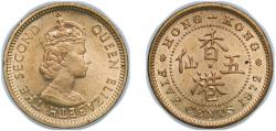 World Coins - China Hong Kong British colony 1972 H 5 Cents - Elizabeth II (1st portrait; reeded edge) Nickel brass (79% Copper, 20% Zinc, 1% Nickel) Heaton and Sons / The Mint Birmingham Limit