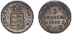 World Coins - Germany Kingdom of Bavaria German states 1849 3 Kreuzers - Louis I Billon (.333 silver) (373000) 1.24g VF KM 800