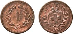 World Coins - Switzerland Federal State 1872 B 1 Rappen (Wreath; bronze) Bronze (95% copper, 4% tin, 1% zinc) Bern Mint (2080000) 1.48g AU  HMZ 2 1215 Divo/Tob19 326 KM 3 Schön 15 Y 18 Kahnt/Sc