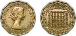 World Coins - Great Britain United Kingdom 1964 3 Pence - Elizabeth II (1st portrait; without 'BRITT:OMN') Nickel brass (79% Cu, 20% Zn, 1% Ni) Royal Mint (Tower Hill) (44867200) 6.8g XF KM 900