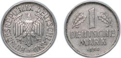 World Coins - Germany Federal Republic of Germany 1954 J 1 Deutsche Mark Copper-nickel (75% Copper, 25% Nickel) Hamburgische Münze, (5341000) 5.5g VF KM 110 J 385 Schön 108