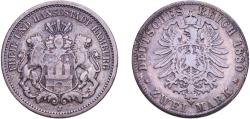 World Coins - Germany Free Hanseatic city of Hamburg Second Empire 1880 J 2 Mark Silver (.900) Hamburg Mint (99000) 10.88g VF  KM 604 J 61