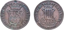 World Coins - Spain Principality of Catalonia Kingdom 1838 6 Cuartos (6 CUAR) Copper Barcelona Mint 13.26g VF Cal 686
