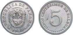 World Coins - Panama Republic 1969 5 Centésimos Copper-nickel (75% Copper, 25% Nickel) San Francisco Mint (14000) 5.02g UNC KM 23 Schön 23