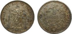 World Coins - France Third Republic 1876A 5 Francs "Hercule" Silver (.900) Paris Mint 25g AU F334 Gad744 KM820.1