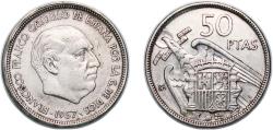 World Coins - Spain Nationalist Government 1957 BA 50 Pesetas - Francisco Franco Copper-nickel (75% copper, 25% nickel) (43000) 12.6g XF  KM 788 Schön 36