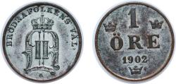 World Coins - Sweden Kingdom 1902 1 Öre - Oscar II (extra large letters) Bronze (2685400) 2g AU KM 750