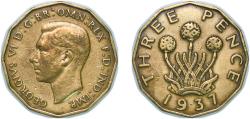 World Coins - Great Britain United Kingdom 1937 3 Pence - George VI (with 'IND:IMP') Nickel brass (45707900) 6.76g XF KM 849 Sp 4112