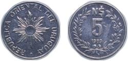 World Coins - Uruguay Oriental Republic of Uruguay 1989 5 Nuevos Pesos Stainless steel (65000000) 1.33g UNC KM 92 Schön 77
