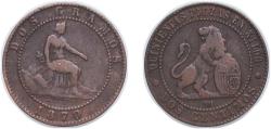 World Coins - Spain Provisional Government 1870 OM 2 Centimos - Provisional Government Bronze (95% copper, 4% tin, 1% zinc) Casa de la Moneda de Barcelona, La Seca (115869000) 2g XF KM 661 Cal